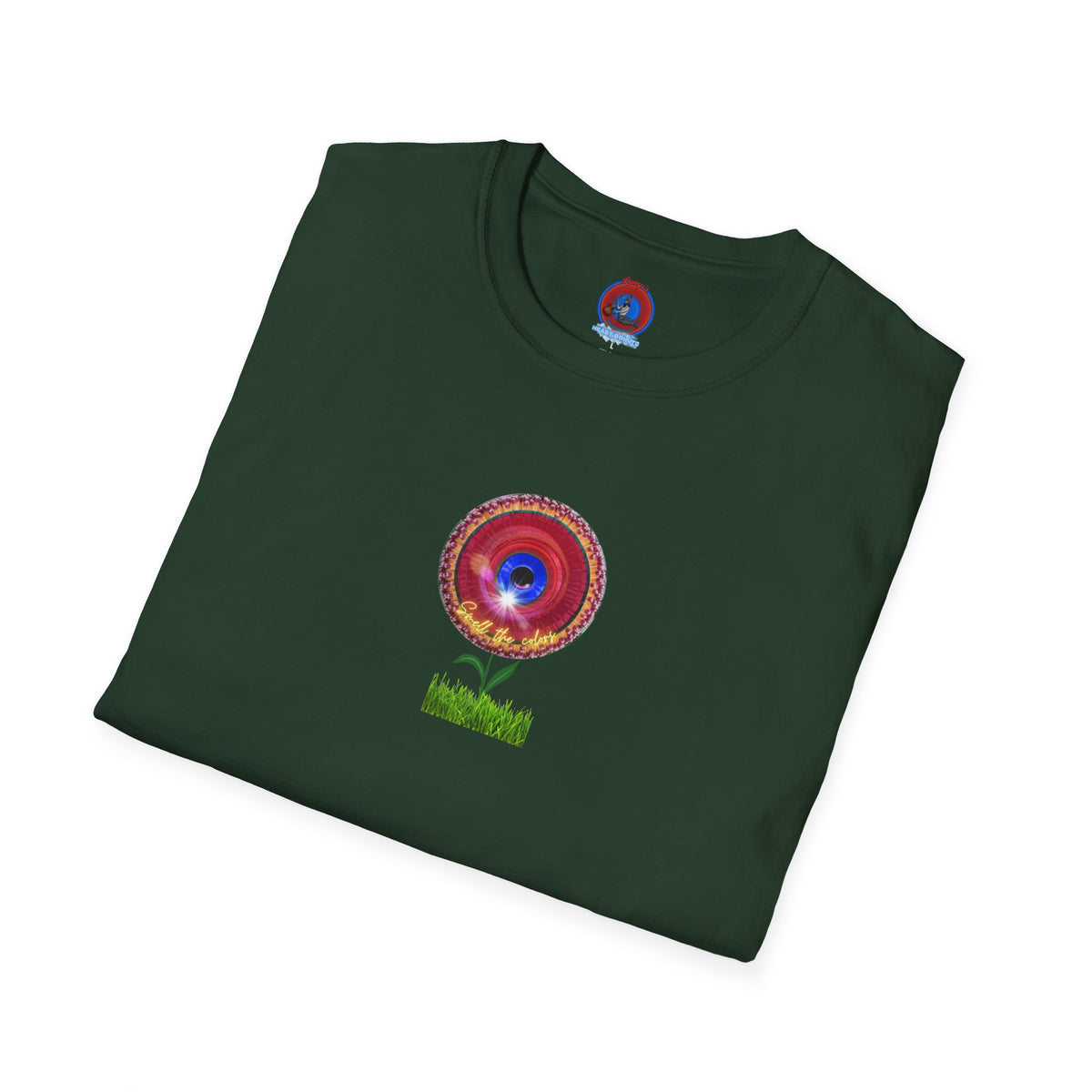 Classic Donut Tee - Unisex Soft-Style - "Smell the Donuts Outside on my Lawn"  " variant 2 - blue donut on red donut/flower