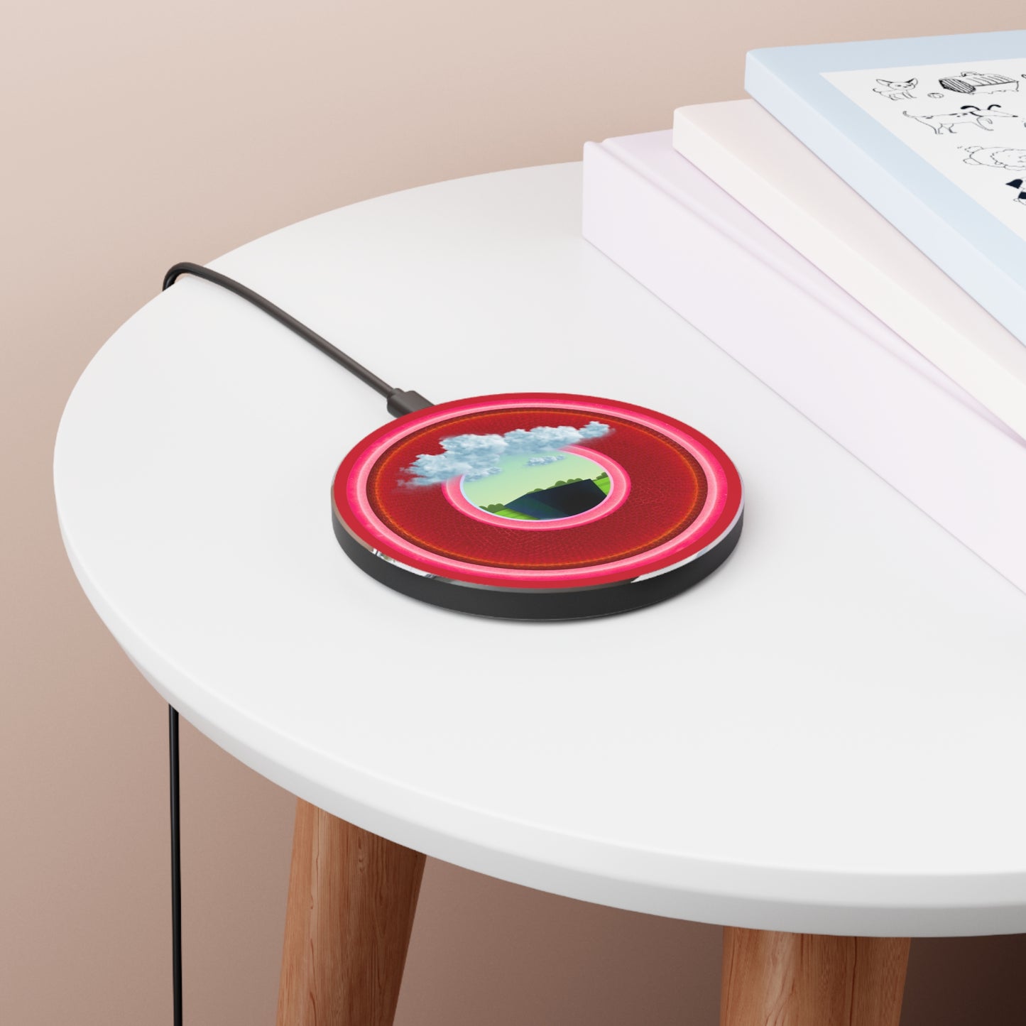 The Flow - Wireless Lumpy Donut Chargers - "Got Rhombus Wireless Charger?" - rustic red/pink donut w/dark red background - variant 2