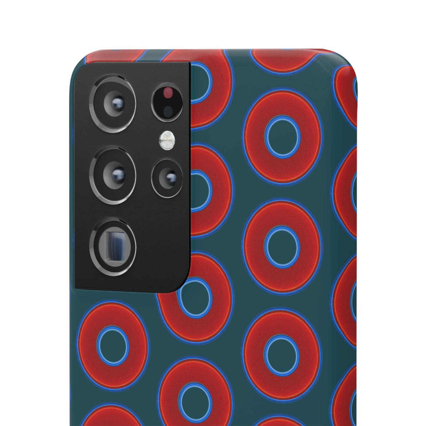 Lumpy Donut Snap Case - red vivid donut print w/midnight teal green background