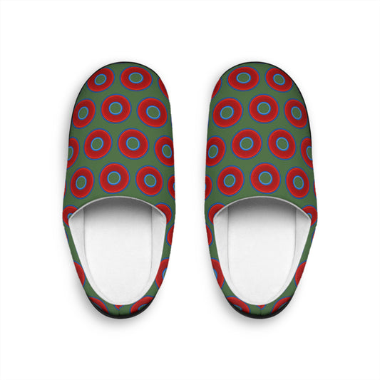 Men's Lumpy Slippers - red vivid donut print w/dark green background
