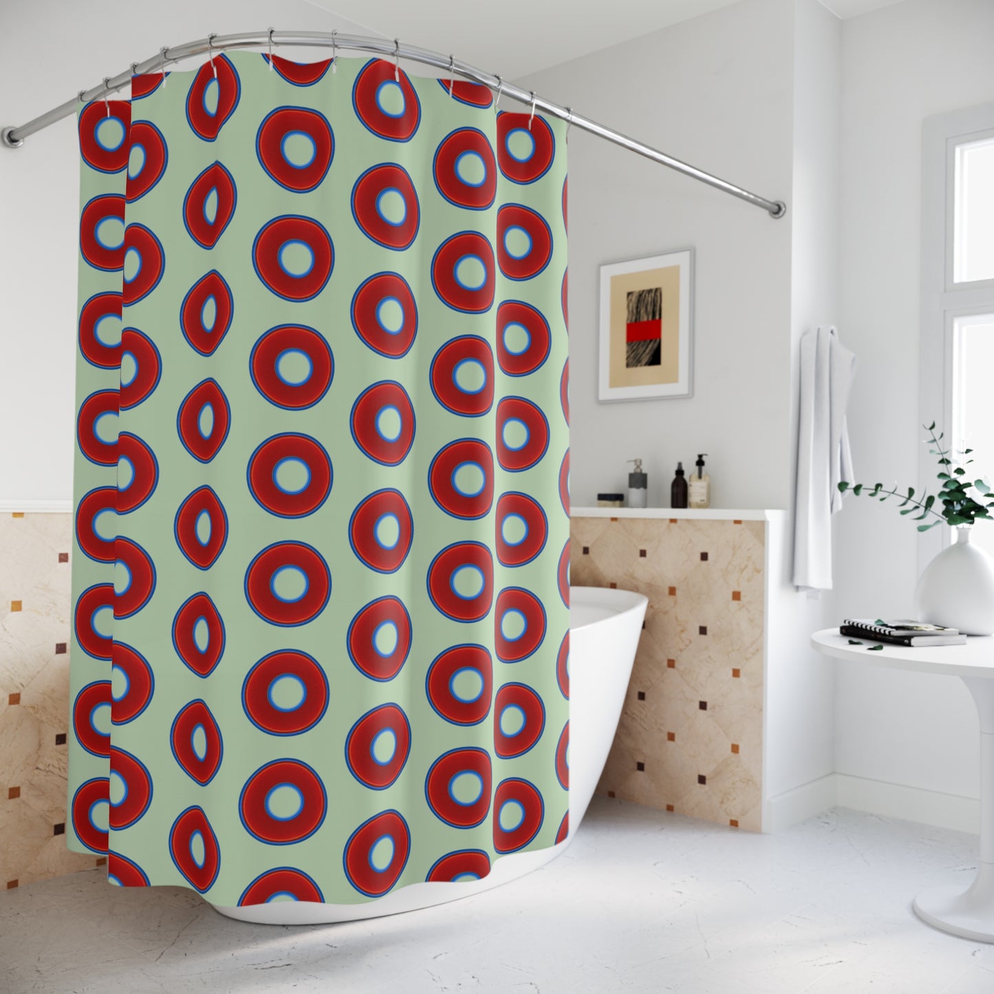 The Curtain With "Donuts" - Lumpy Bath Time Fun - vivid red donuts w/seafoam background