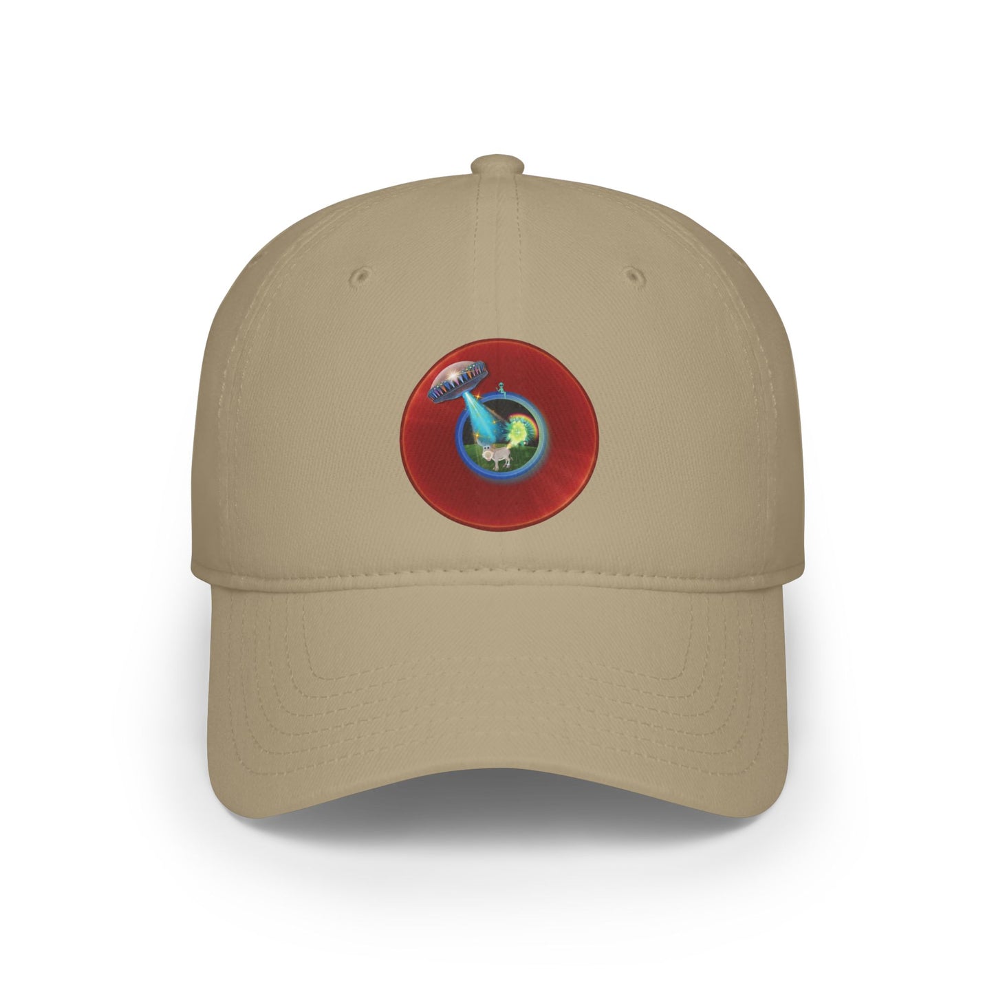 Lumpy Donut Baseball Cap - "Donut Caps? In Tomahawk County?" - variant 1 - vivid red donut w/