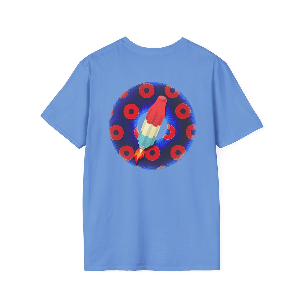 Classic Donut Tee - Unisex Soft-Style - "Blow this Popsicle Stand" - blue/red paradox bomb pop donut - variant 1