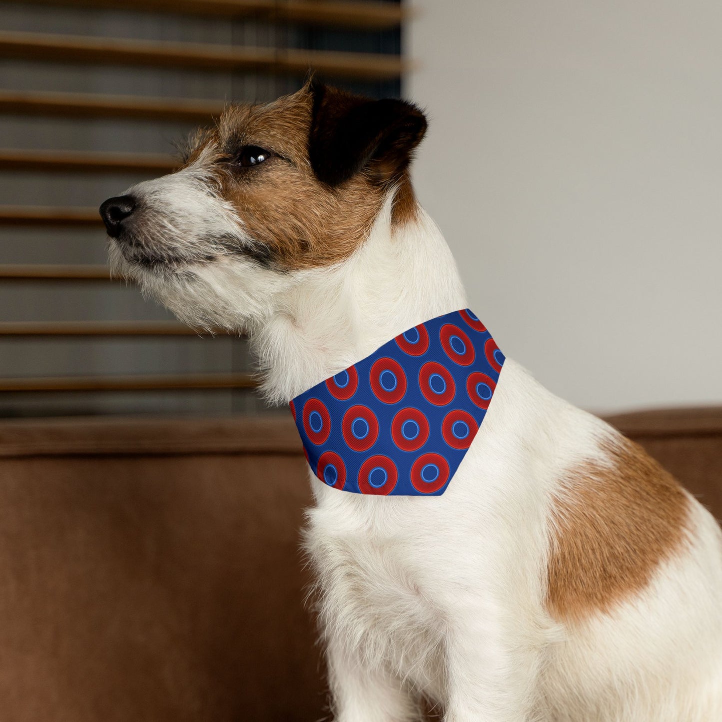 Jim's Lumpy Bandana Pet Collar - vivid red donuts w/dark blue background