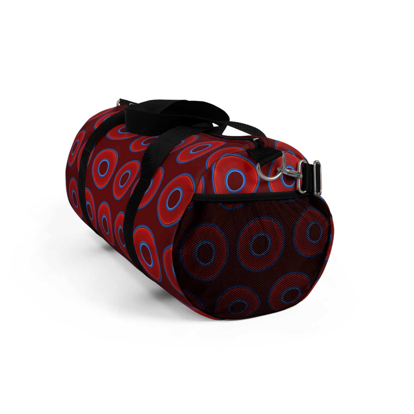 Lumpy Duffel - vivid red donuts w/dark red background