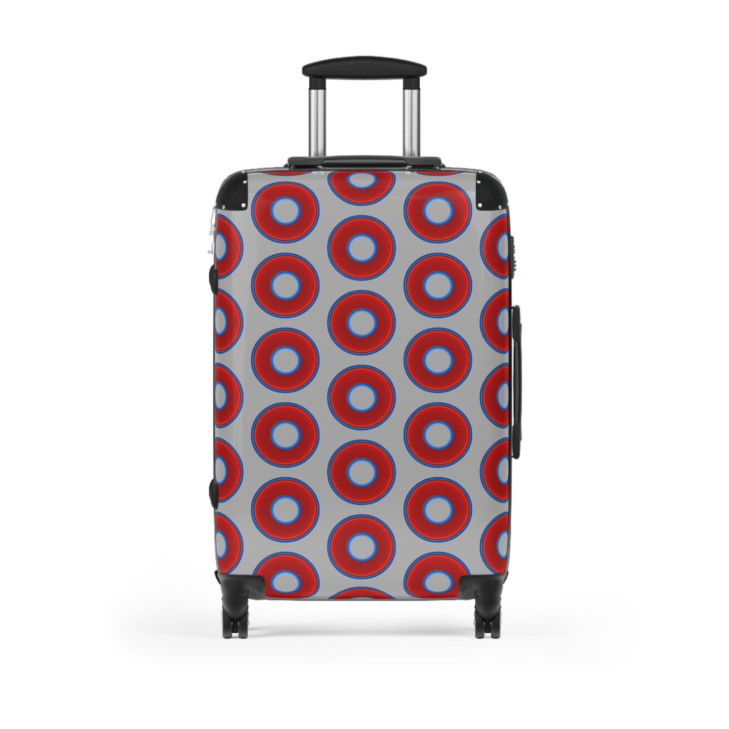 The Very Lumpy Donut Suitcase series - your choice of S, M or L - vivid red donut print w/light gray background