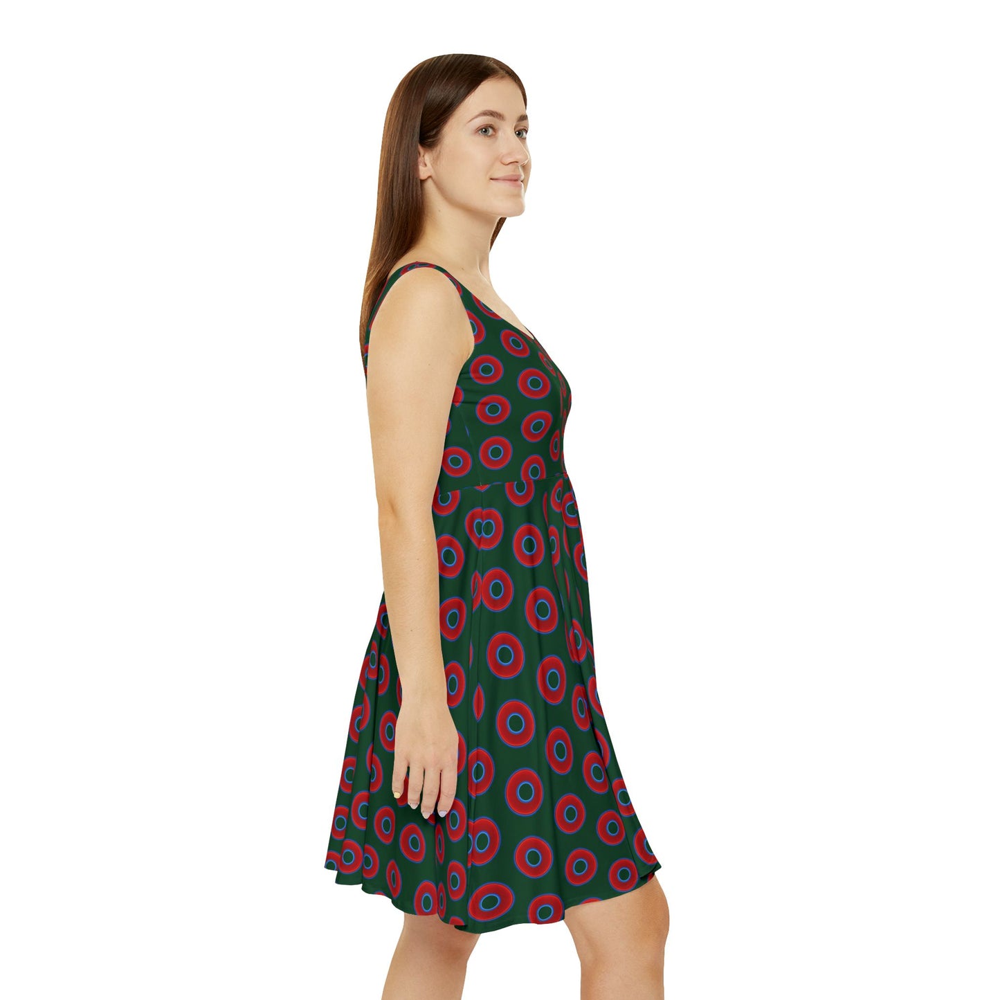 Women's Skater Donut Dress - vivid red donut print w/deep pond green background