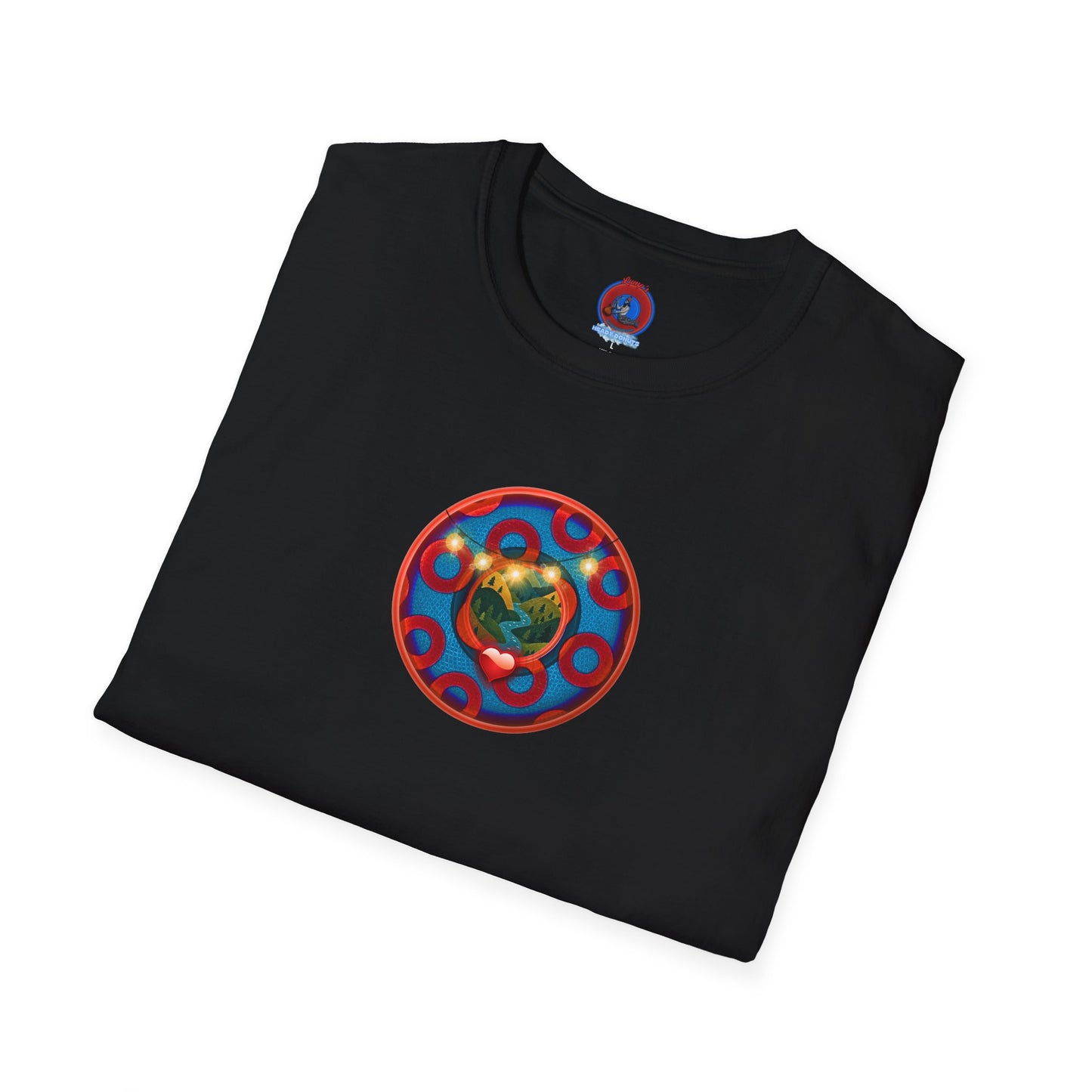 Classic Donut Tee - Unisex Soft-Style - "MORE Donuts Please" - rustic dark blue/red paradox donut - variant 2