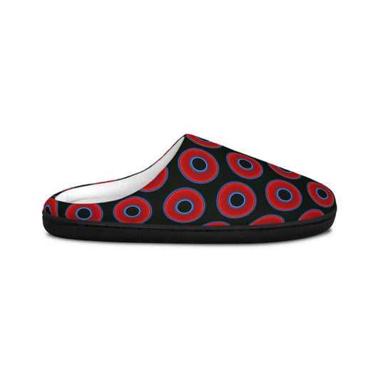 Women's Lumpy Slippers - red vivid donut print w/midnight moss background