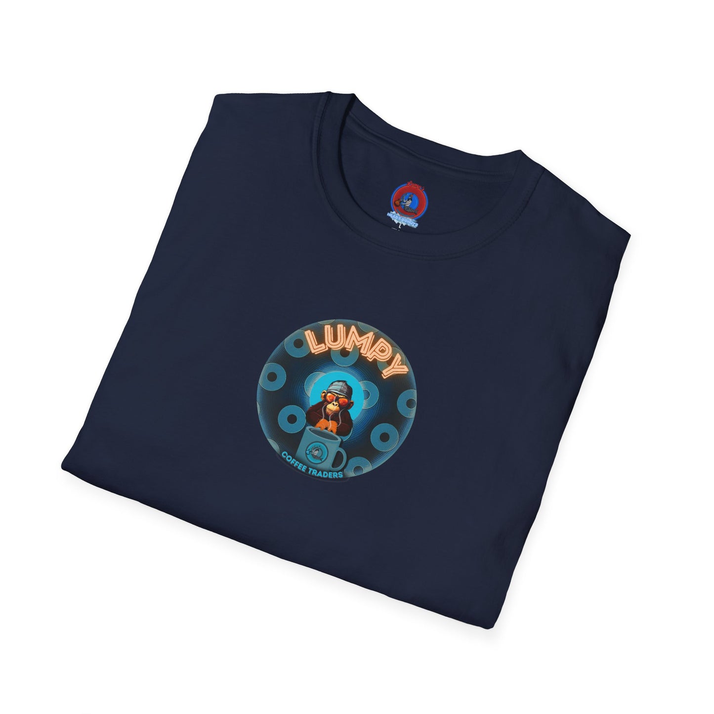 Coffee Traders Tee - Unisex Soft-Style - "Tasty Coffee" - paradoxical donut/cubed blue donut - variant 2 - logo front/It's Ice Cube's back
