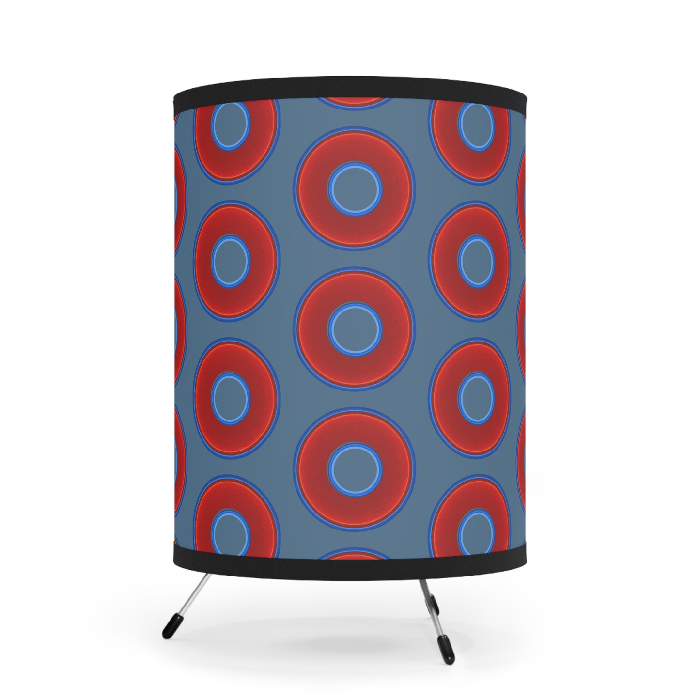 Lumpy Tripod Donut Lamp - vivid red donuts w/steel blue background