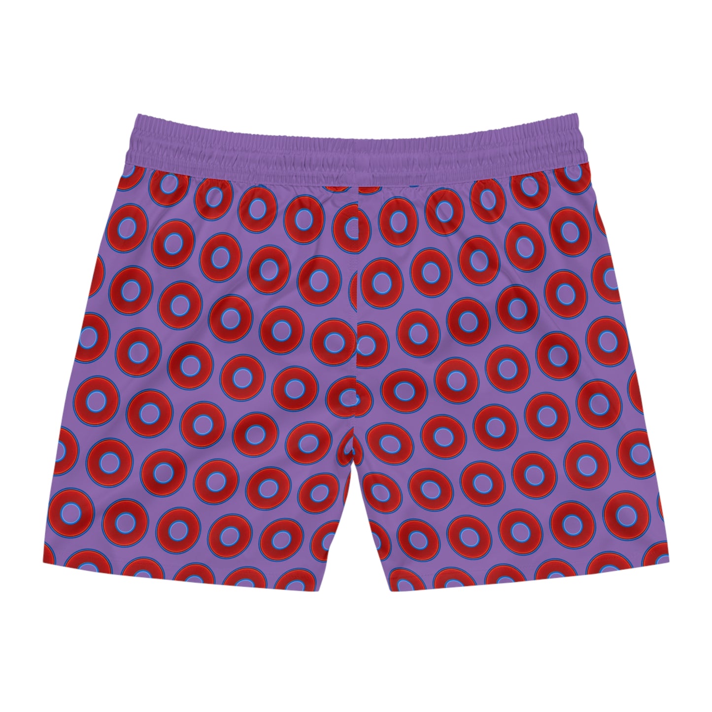 Men's Lumpy Swim Trunks - vivid red donut print w/light purple background