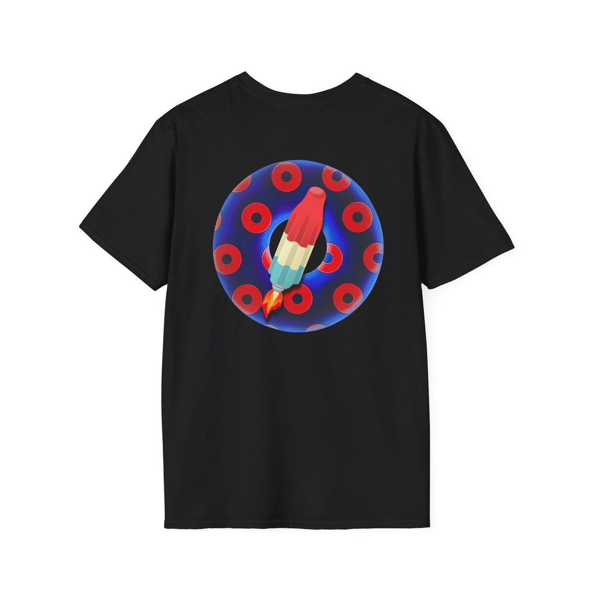 Classic Donut Tee - Unisex Soft-Style - "Blow this Popsicle Stand" - blue/red paradox bomb pop donut - variant 1