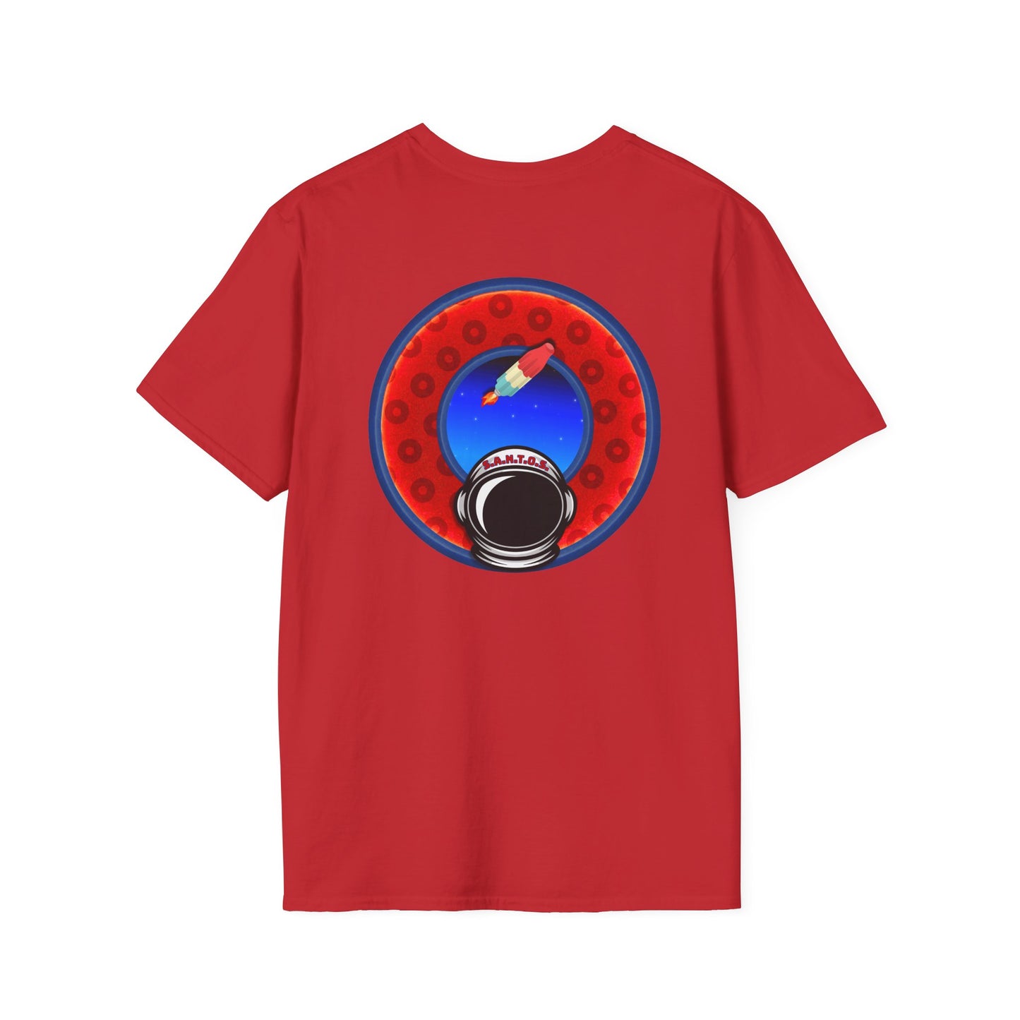 Classic Donut Tee - Unisex Soft-Style - "This is What Donuts Smell Like in Space - YEMSG Donut" - red/blue widemouthed paradox donut