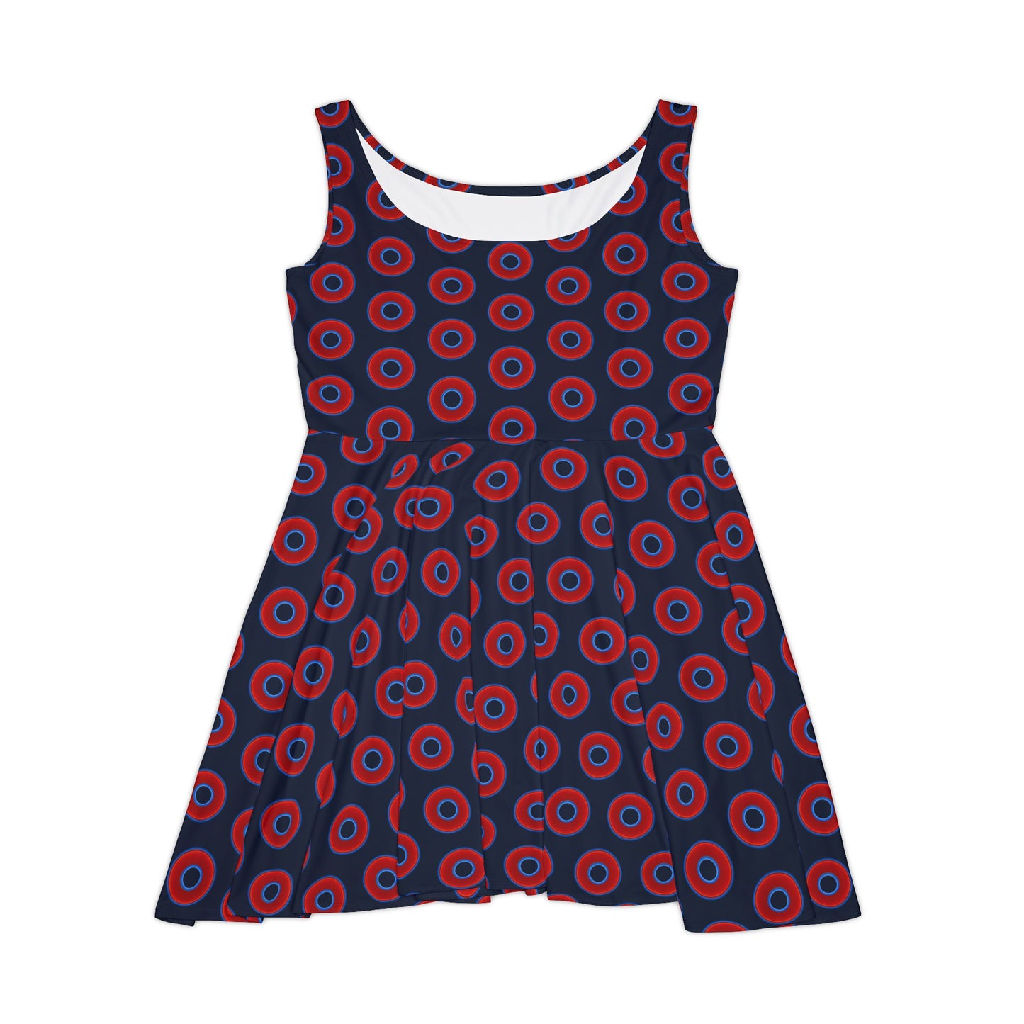 Women's Skater Donut Dress - vivid red donut print w/dark teal blue elite background