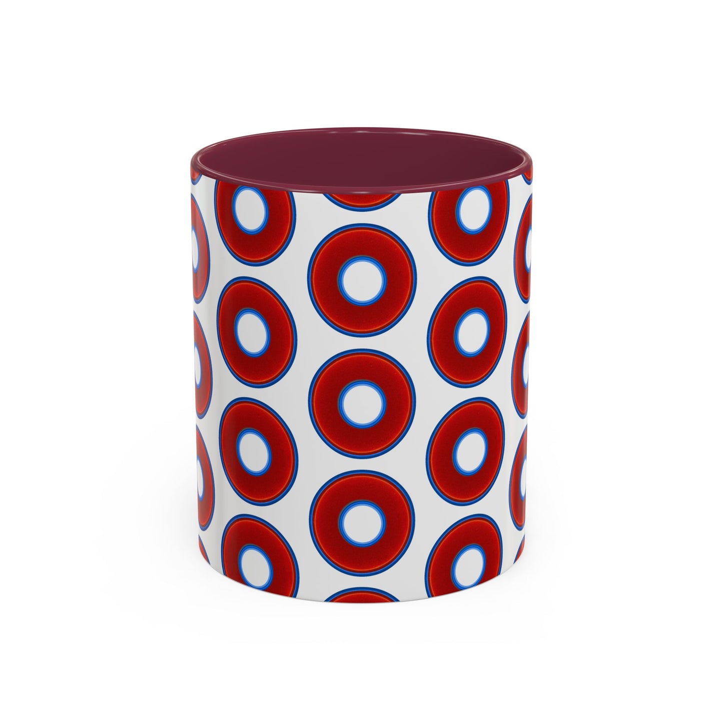 Lump's Grumpy Coffee Mug - vivid red donuts w/white background