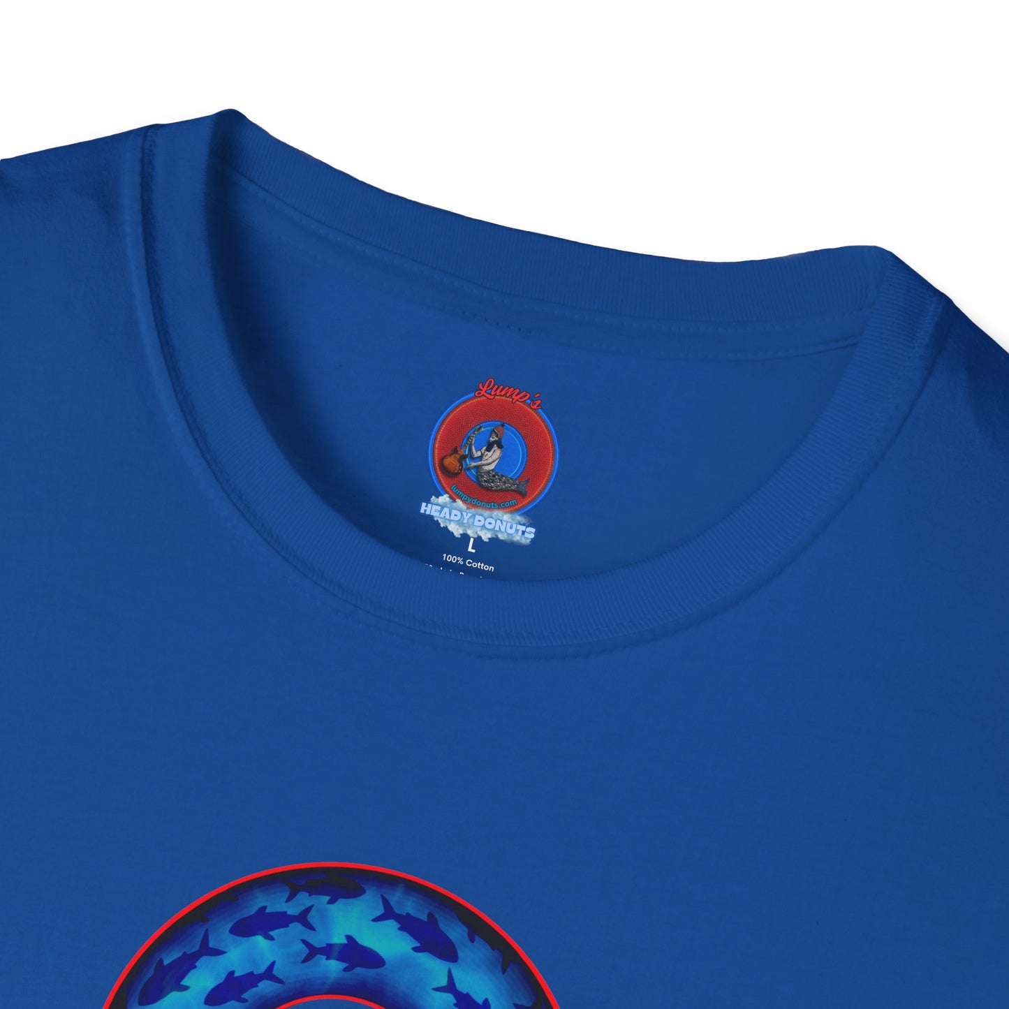 Classic Donut Tee - Unisex Soft-Style - "Skoolie of Phishies" - vivid sea donut - w/darker blue water - variant 2