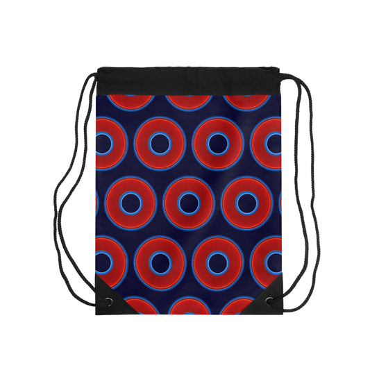 Lumpy Donut Drawstring Bag - red vivid donuts print w/midnight blue background