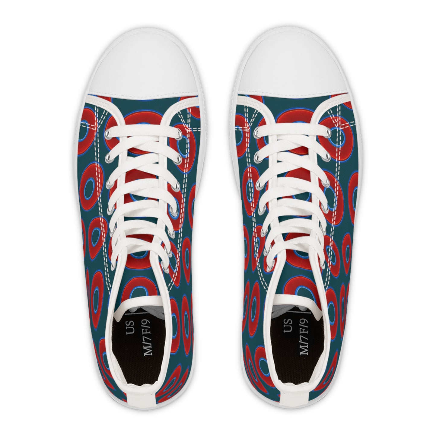 Women's High Top Chuck Taylors - large vivid red donut print w/midnight teal green background