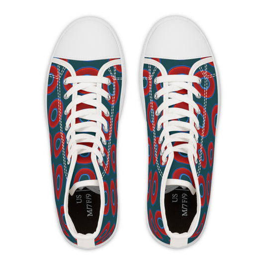 Women's High Top Chuck Taylors - large vivid red donut print w/midnight teal green background