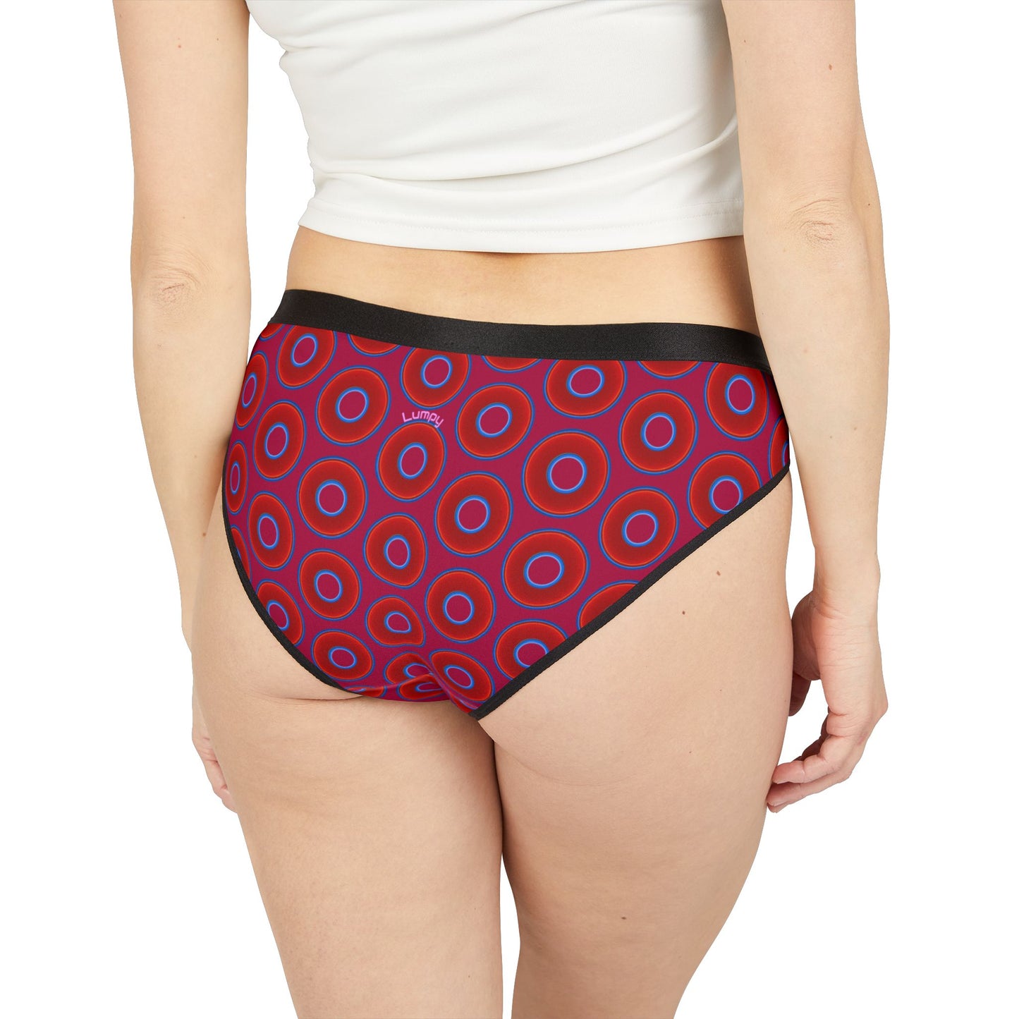 Lumpy Donut Underwear - vivid red donut print w/dark magenta background