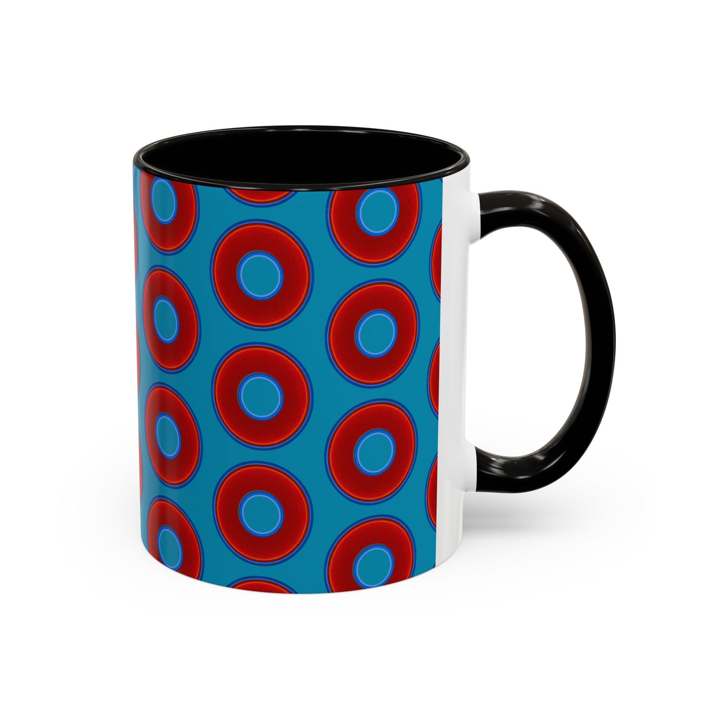 Lump's Grumpy Coffee Mug - vivid red donuts w/aquamarine blue background