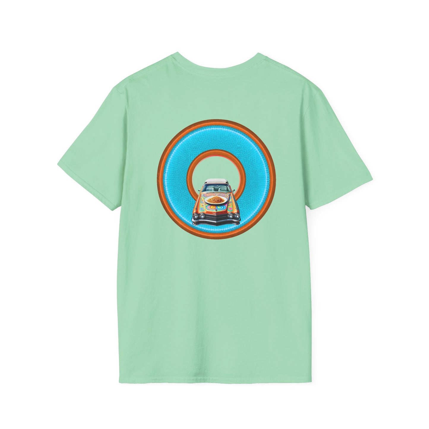 Classic Donut Tee - Unisex Soft-Style - "Cadillac Rainbow Spaghetti Incident" - series 1.0  - variant 2 - blue/orange donut