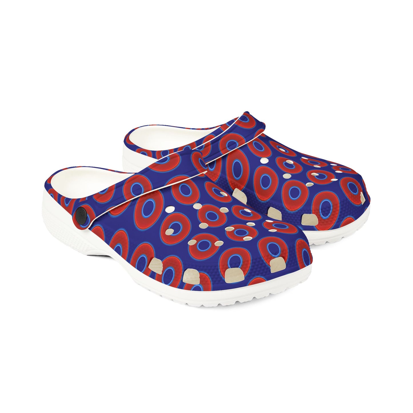 Spatchcocks - donut slip-on shoes - vivid red donuts w/vivid navy blue background [unisex]