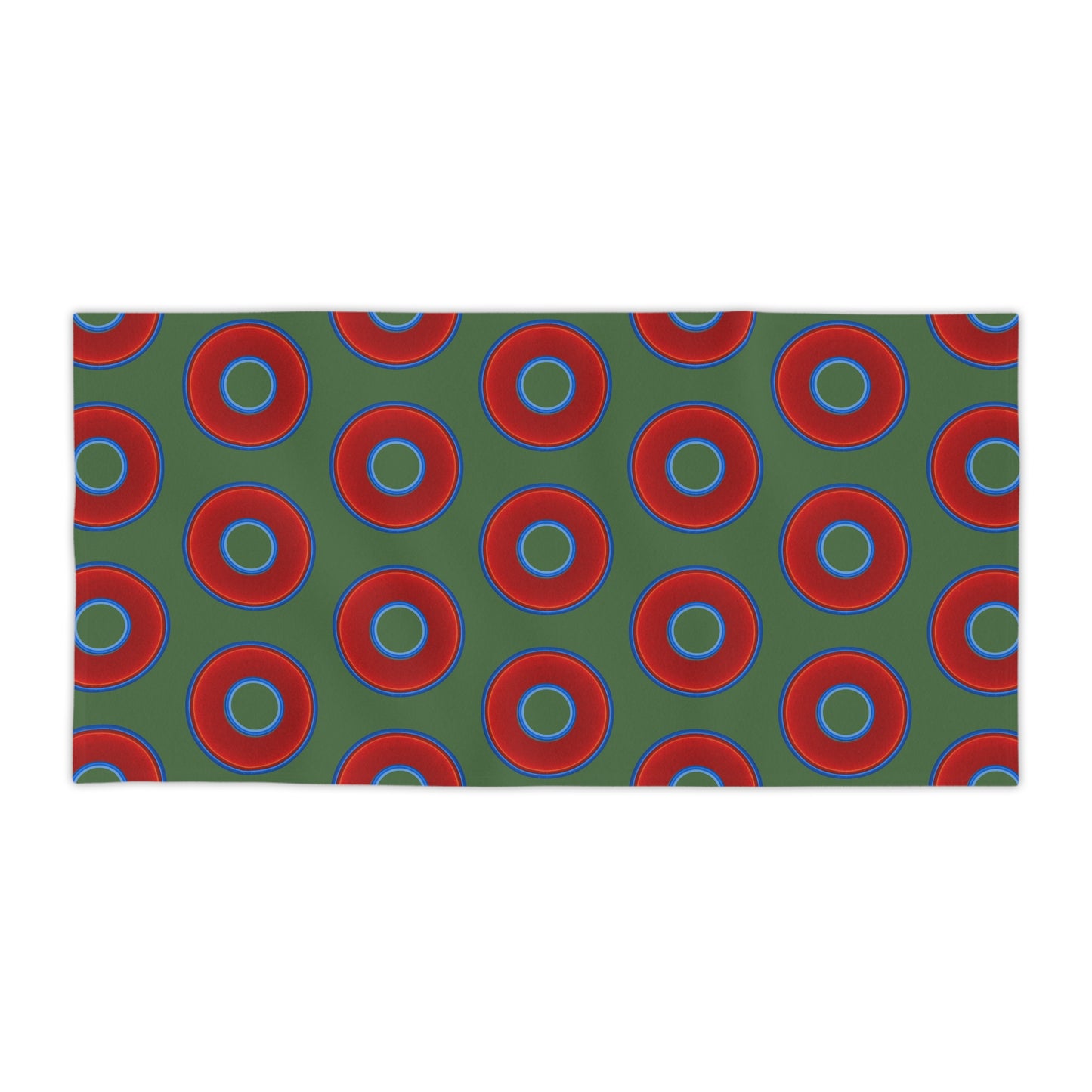 Lumpy Donut Towels - vivid red donuts w/dark green background