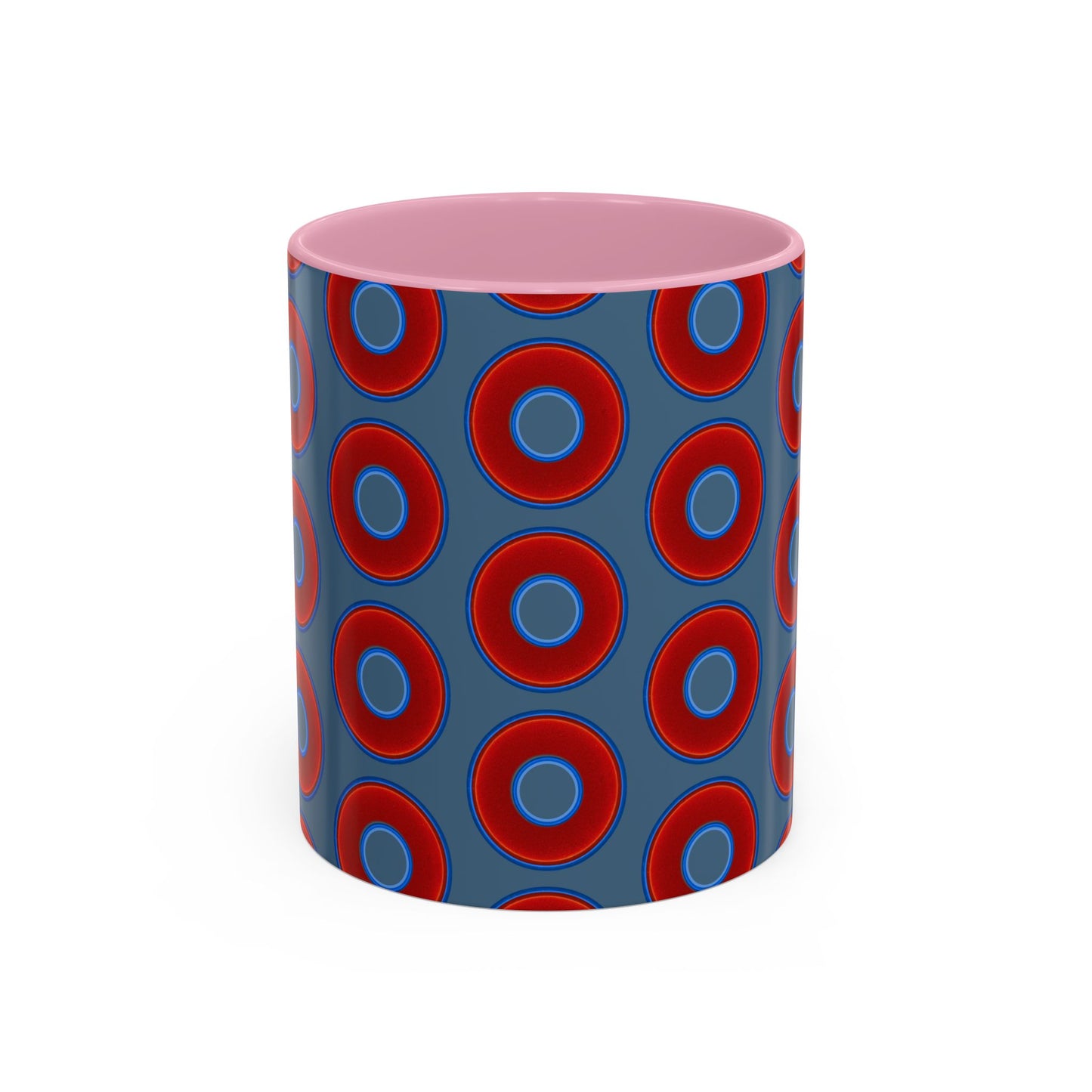Lump's Grumpy Coffee Mug - vivid red donuts w/steel blue background
