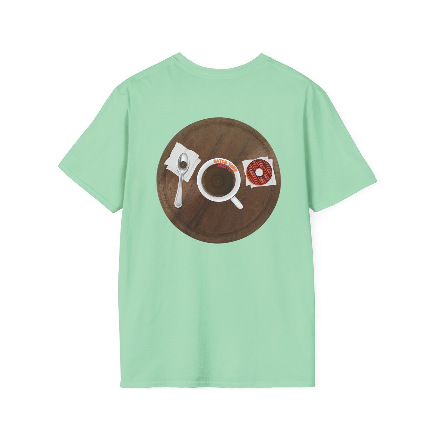Classic Donut Tee - Unisex Soft-Style - "Coffee With My Donuts" - wooden table donut