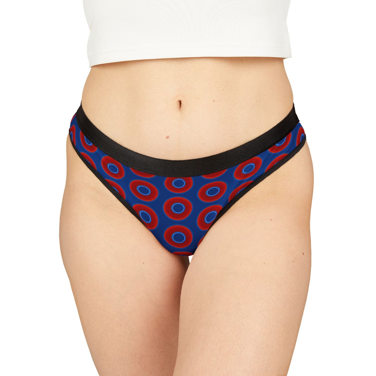 Lumpy Donut Thongs - red vivid donut print w/dark blue background