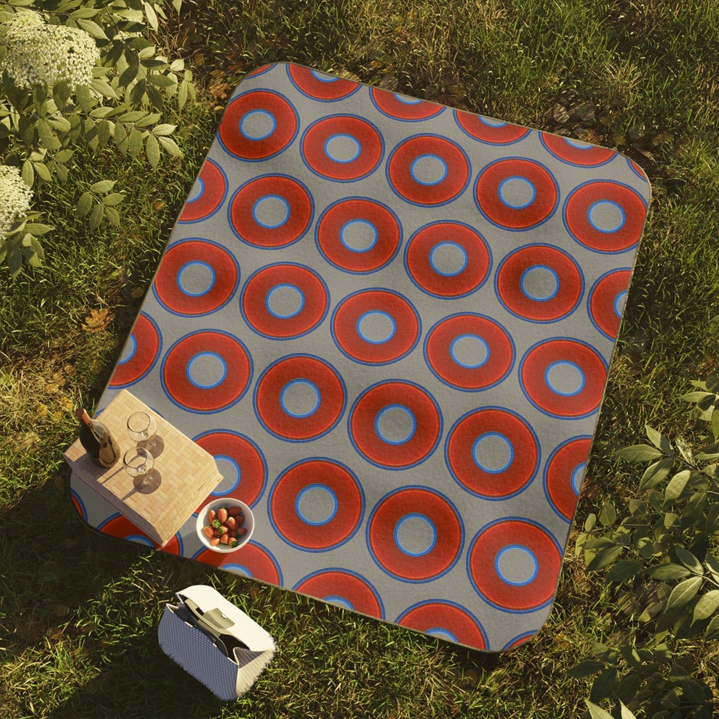 The Lumpy Party Blanket - giant water-resistant outdoor blanket [61" x 51"] - vivid red donuts w/gray background