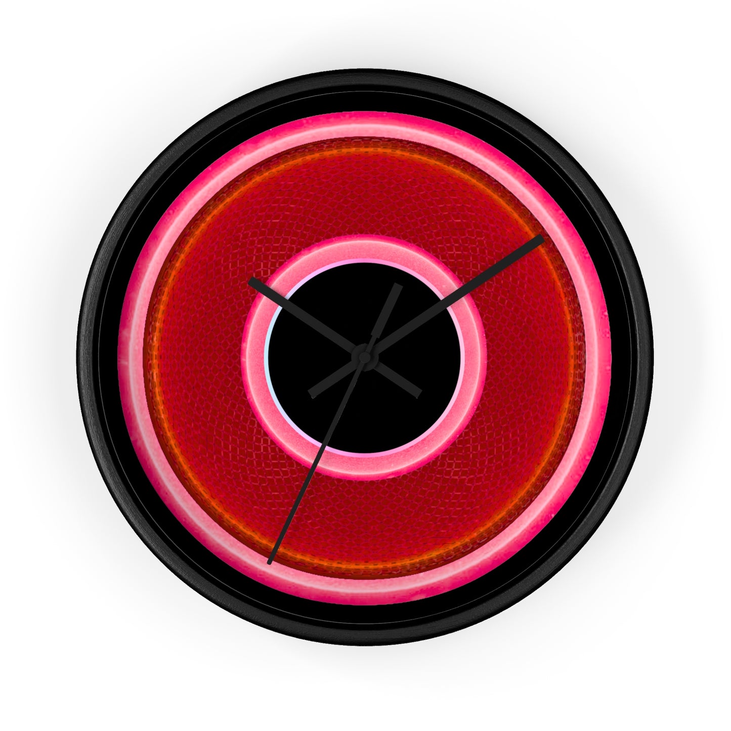Lumpy Wall Clock - red rustic donut w/pink edging - variant 7 w/black background
