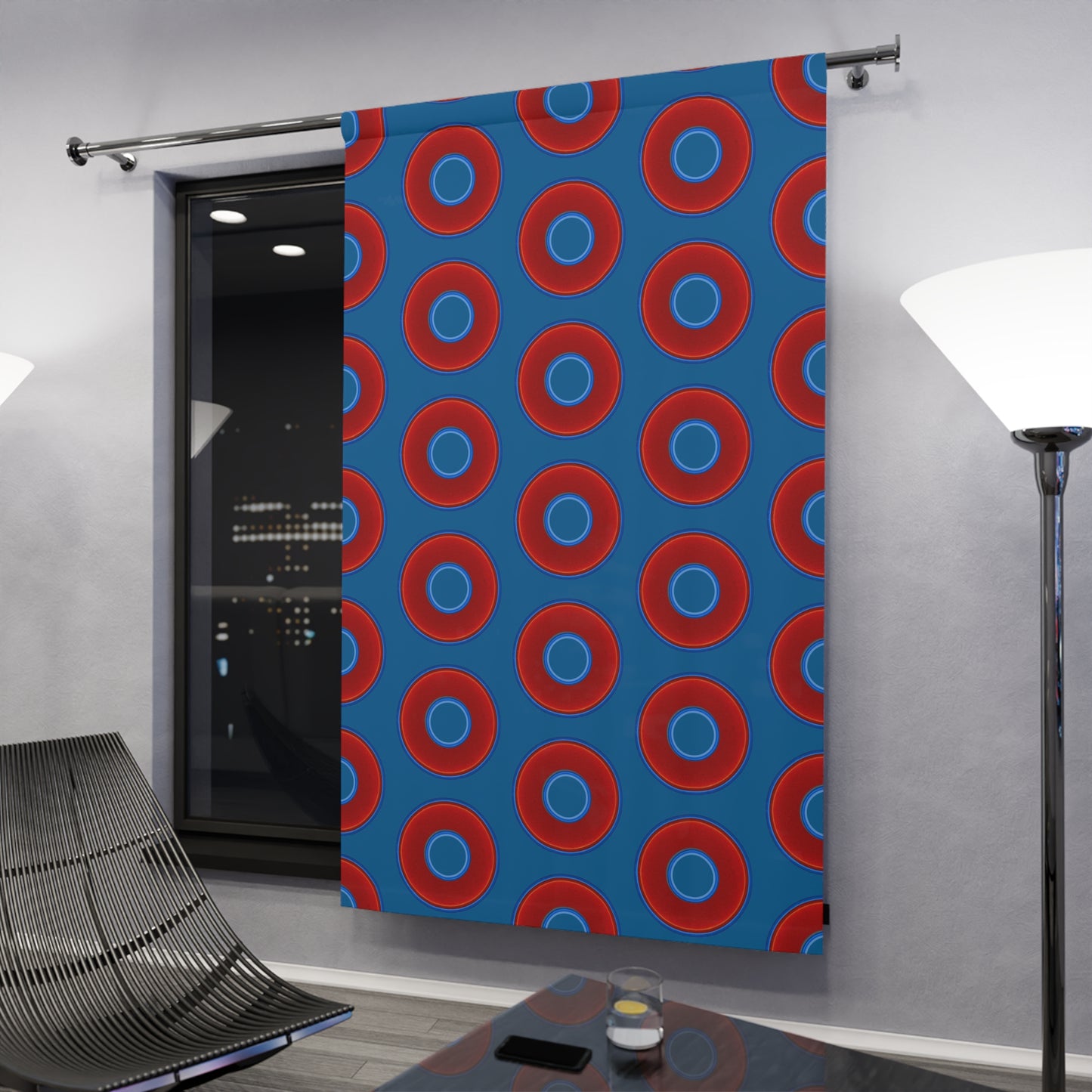 Lump's Heady Curtain w/Donuts - vivid red donut print - w/wavy navy blue - [*1 Piece / 50" x 84"]