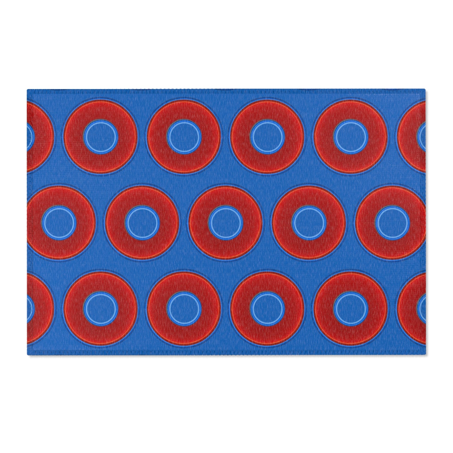 Lumpy Donut Print Rug - choice of 3 sizes - vivid red donut print w/dark royal blue background