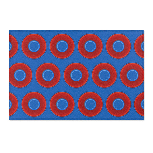 Lumpy Donut Print Rug - choice of 3 sizes - vivid red donut print w/dark royal blue background