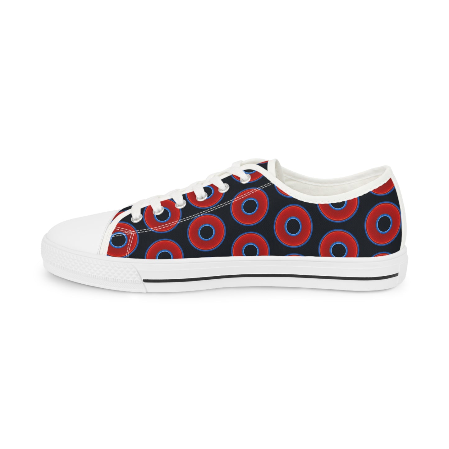 Men's - Low Top Chuck Taylors - large vivid red donut print w/blue charcoal background