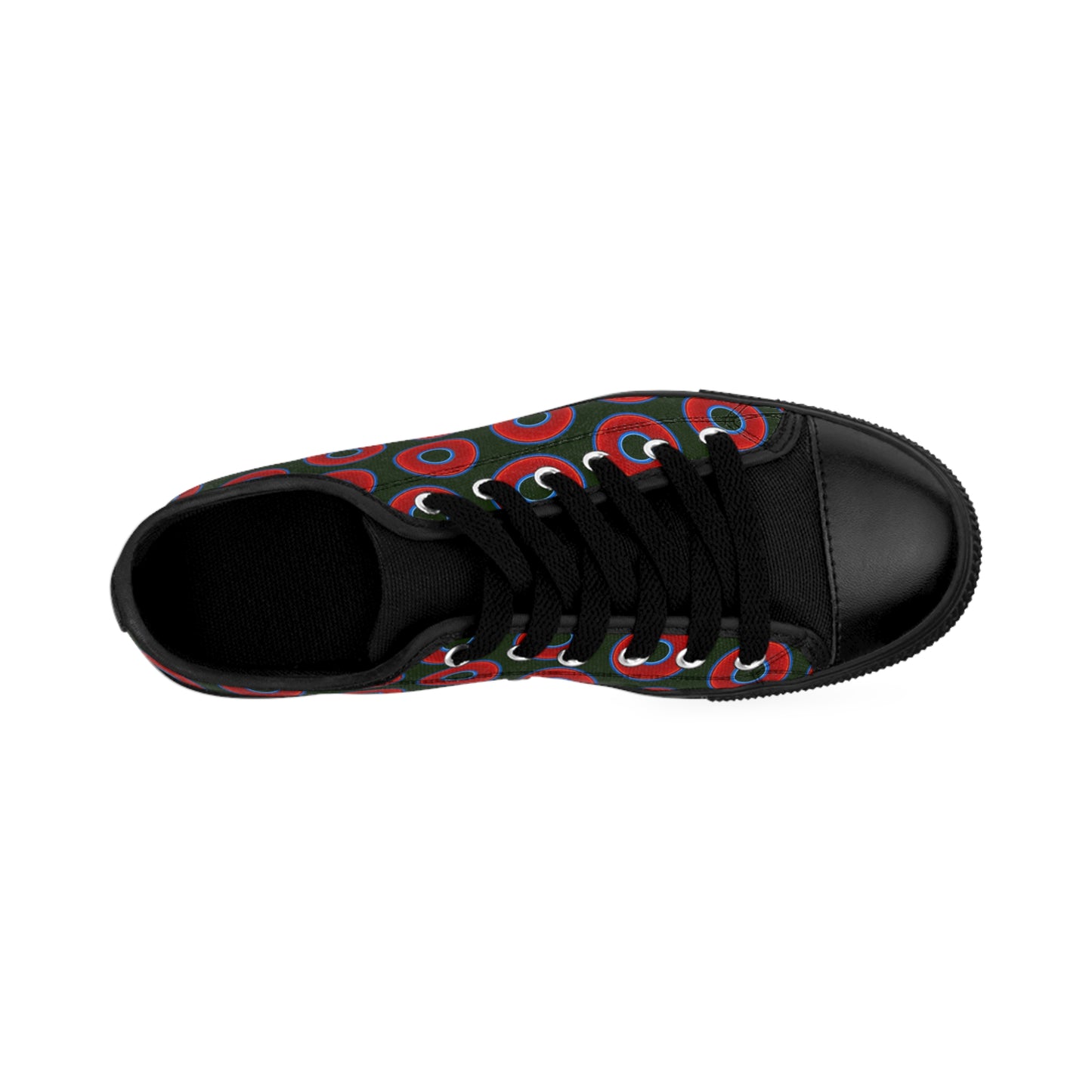 Men's Cushiony Convectors - Low Top - large red vivid donut print w/deep forest green background