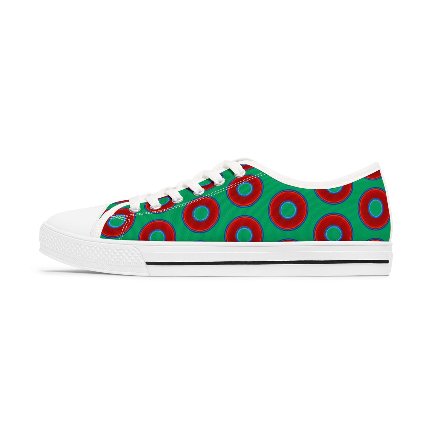 Women's - Low Top Chuck Taylors - large vivid red donut print w/jade green background