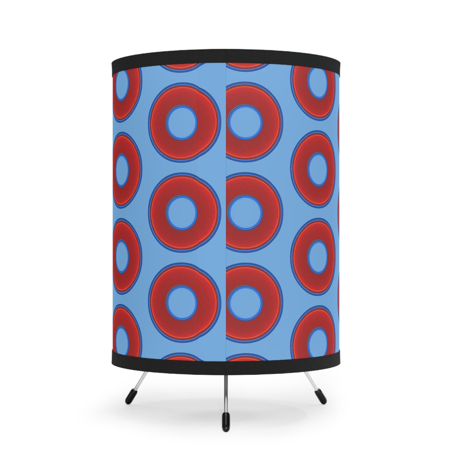Lumpy Tripod Donut Lamp - vivid red donuts w/light blue background