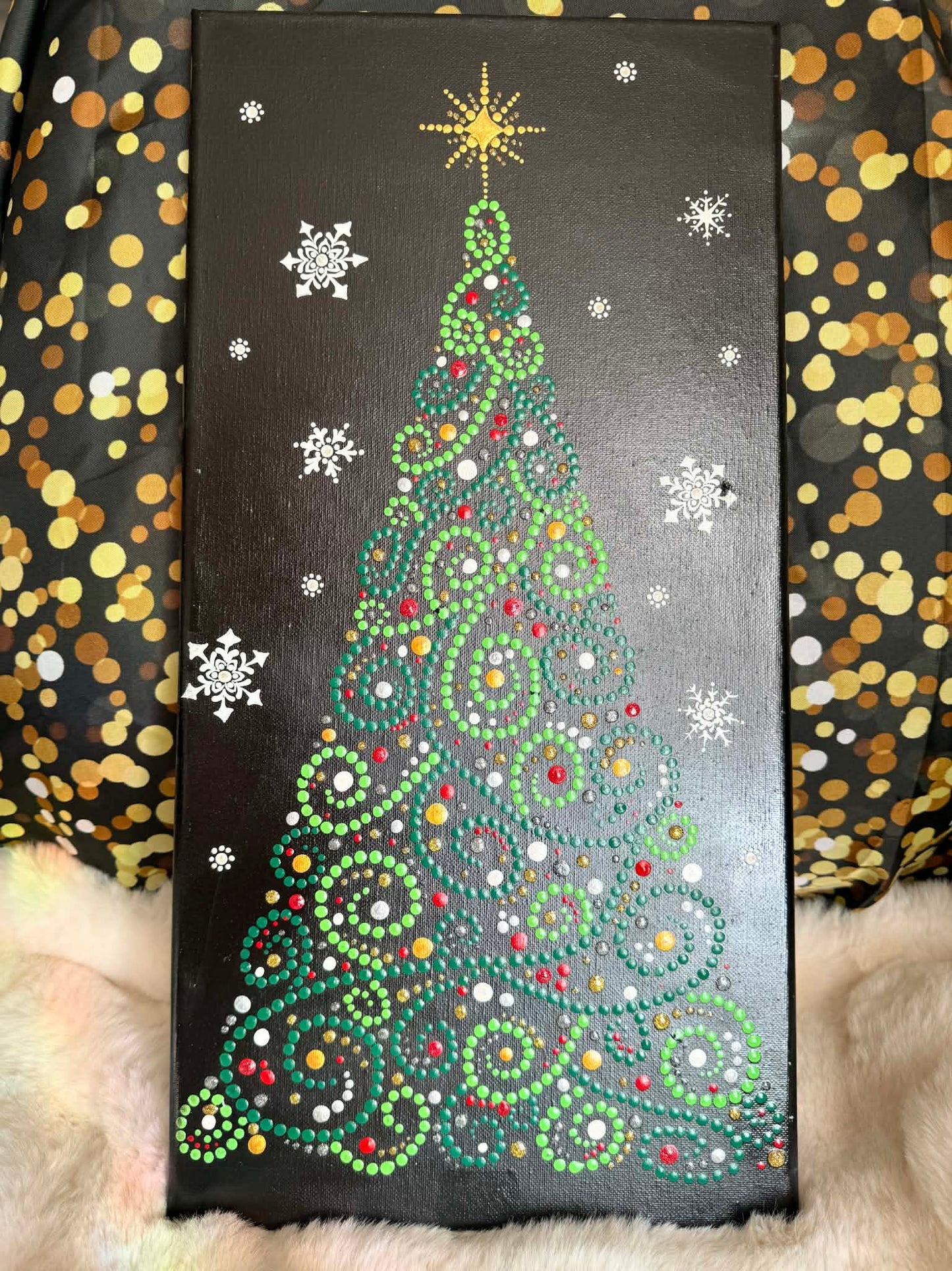 Matlack's Mandalas - Festive dot art Christmas tree - [10" x 20" - stretched canvas]