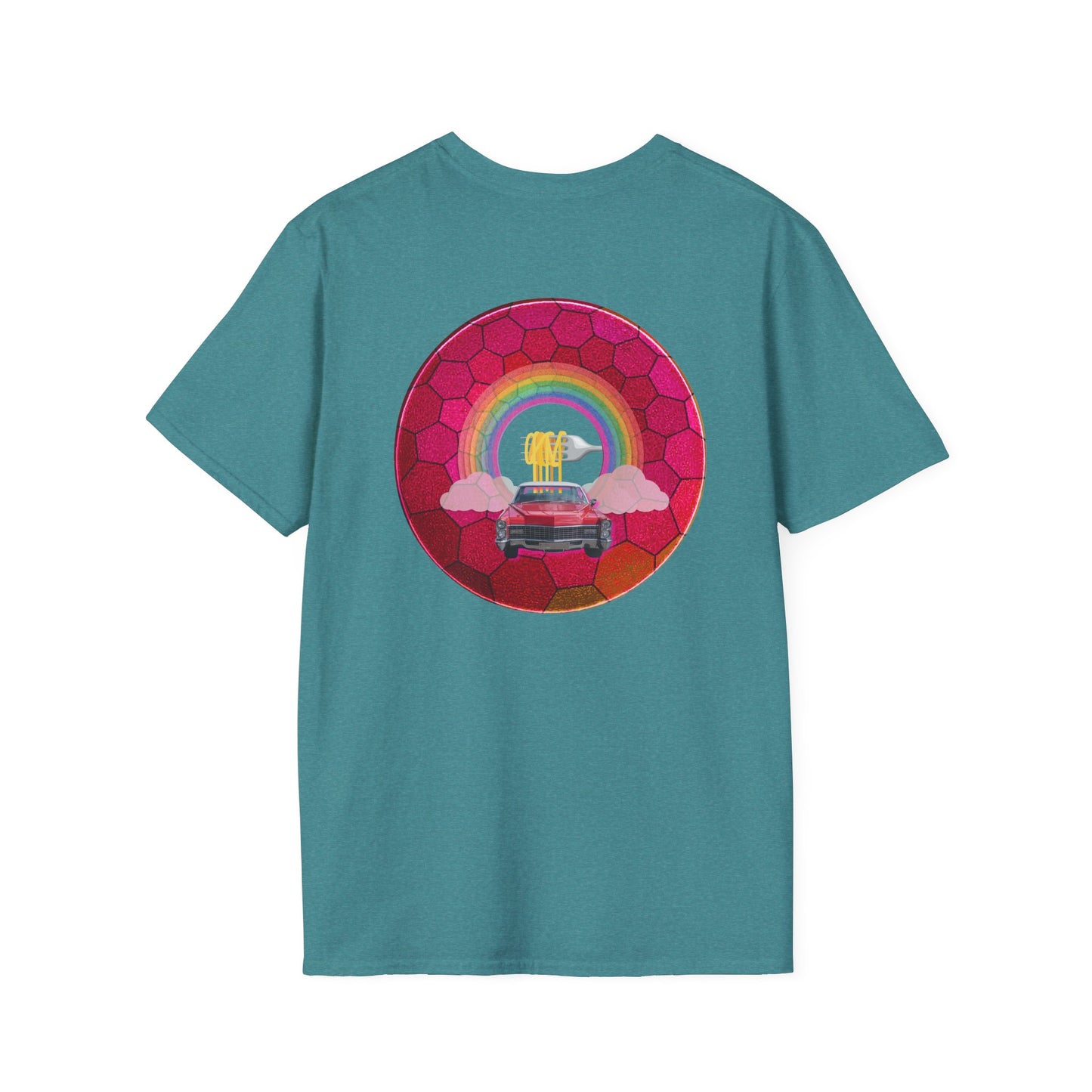 Classic Donut Tee - Unisex Soft-Style - "Cadillac Rainbows Donut Tee" - variant 1 - magenta hexadonut w/red caddy