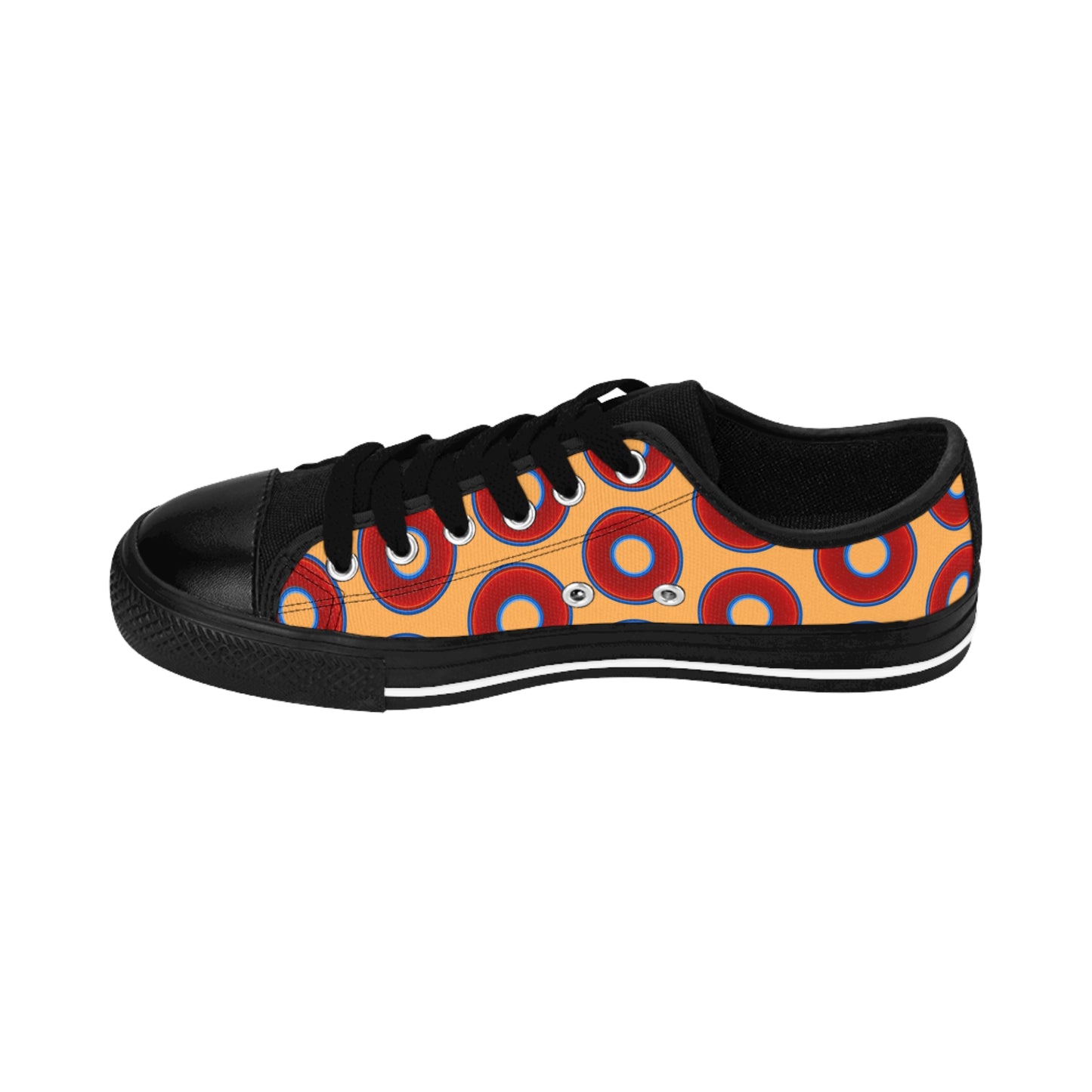 Women's Cushiony Convectors - Low Top - large red vivid donut print w/creamsicle orange background