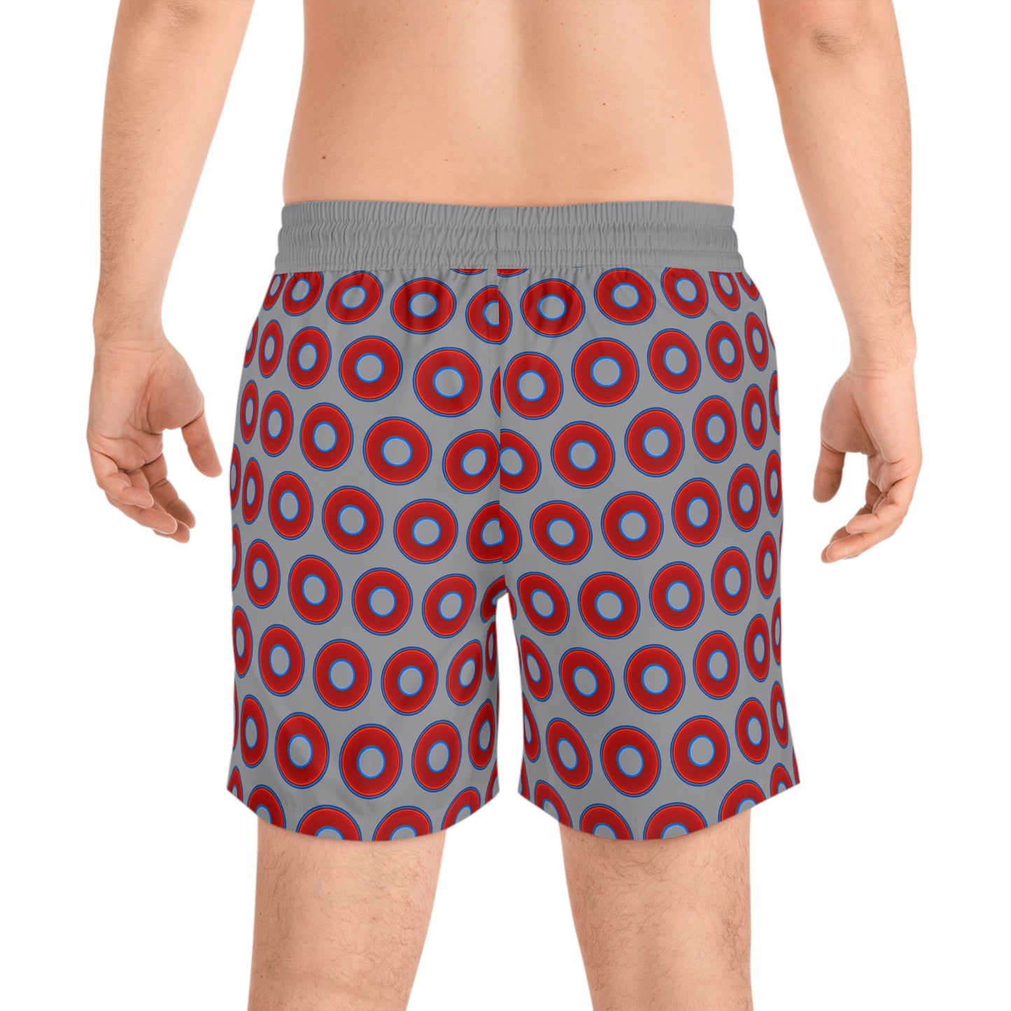 Men's Lumpy Swim Trunks - vivid red donut print w/gray background