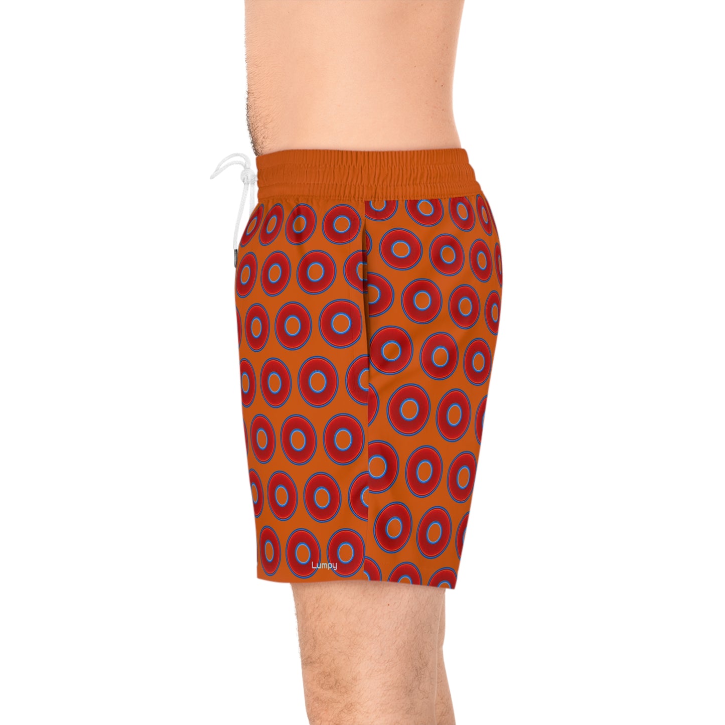 Men's Lumpy Swim Trunks - vivid red donut print w/dark orange background