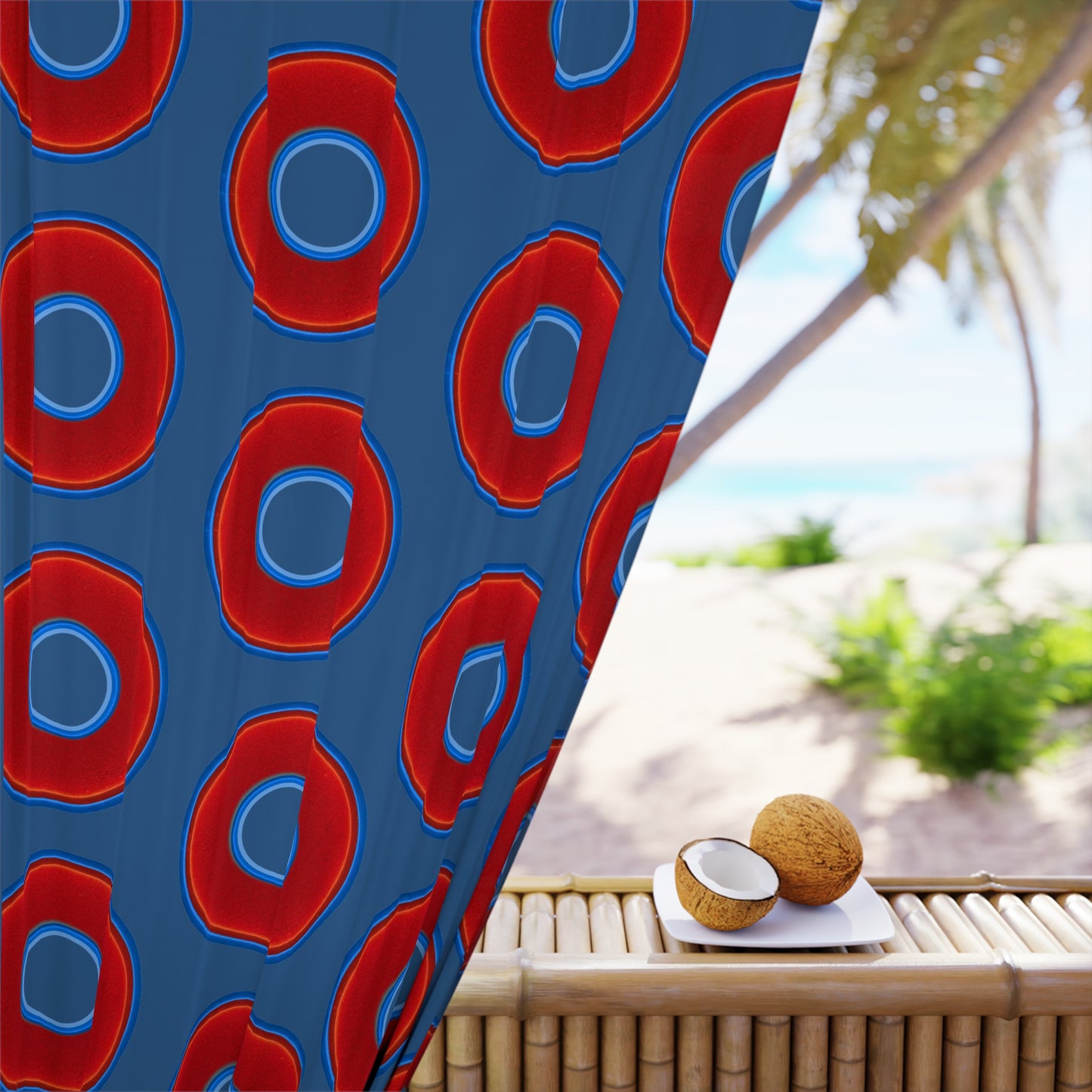 Lump's Heady Curtain w/Donuts - vivid red donut print - w/light navy blue - [*1 Piece / 50" x 84"]