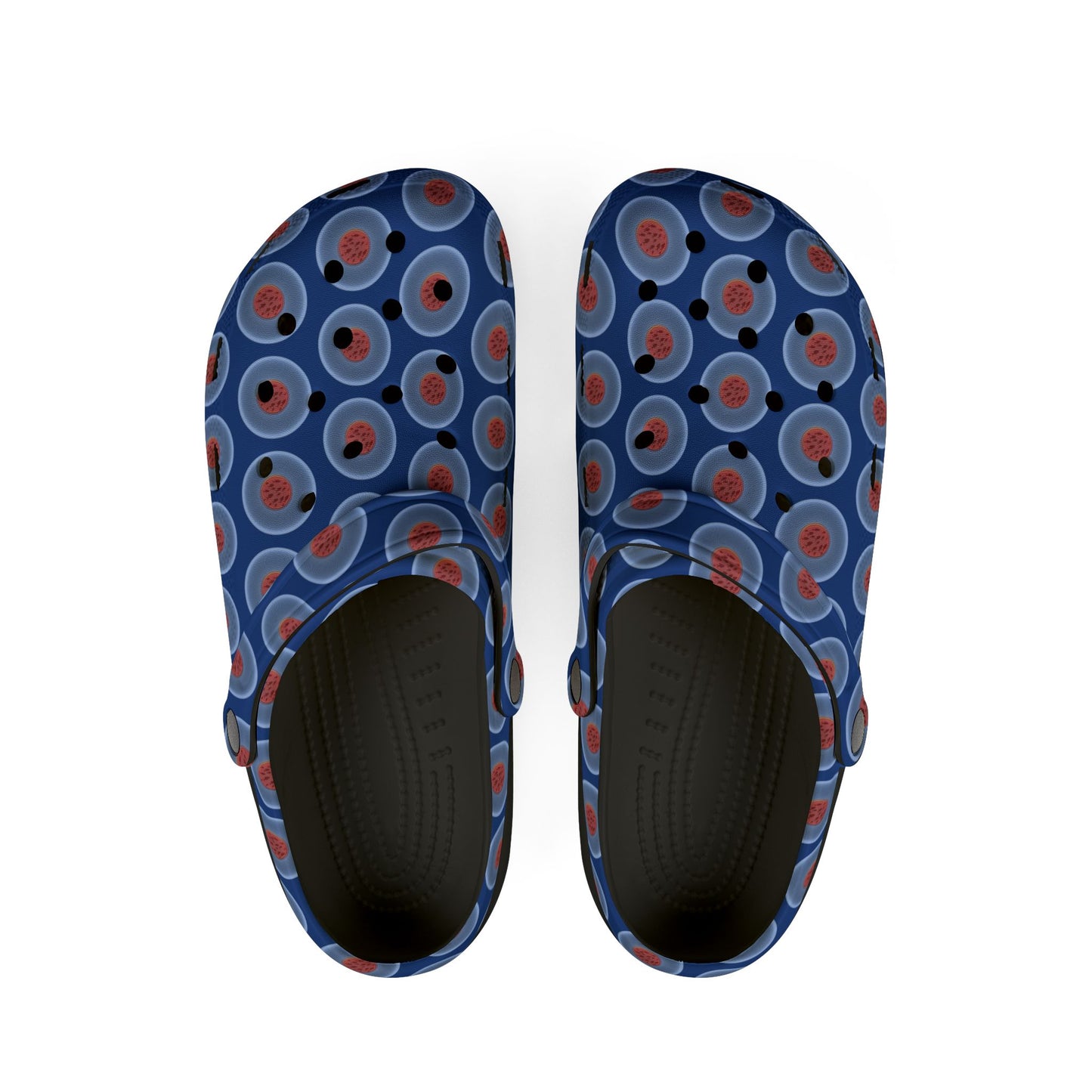 Spatchcocks - donut slip-on shoes - "The Donut Swimming By" - variant 1 - light blue phatty donuts w/dark blue background background [unisex]