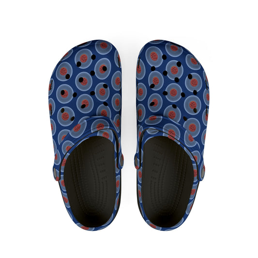 Spatchcocks - donut slip-on shoes - "The Donut Swimming By" - variant 1 - light blue phatty donuts w/dark blue background background [unisex]