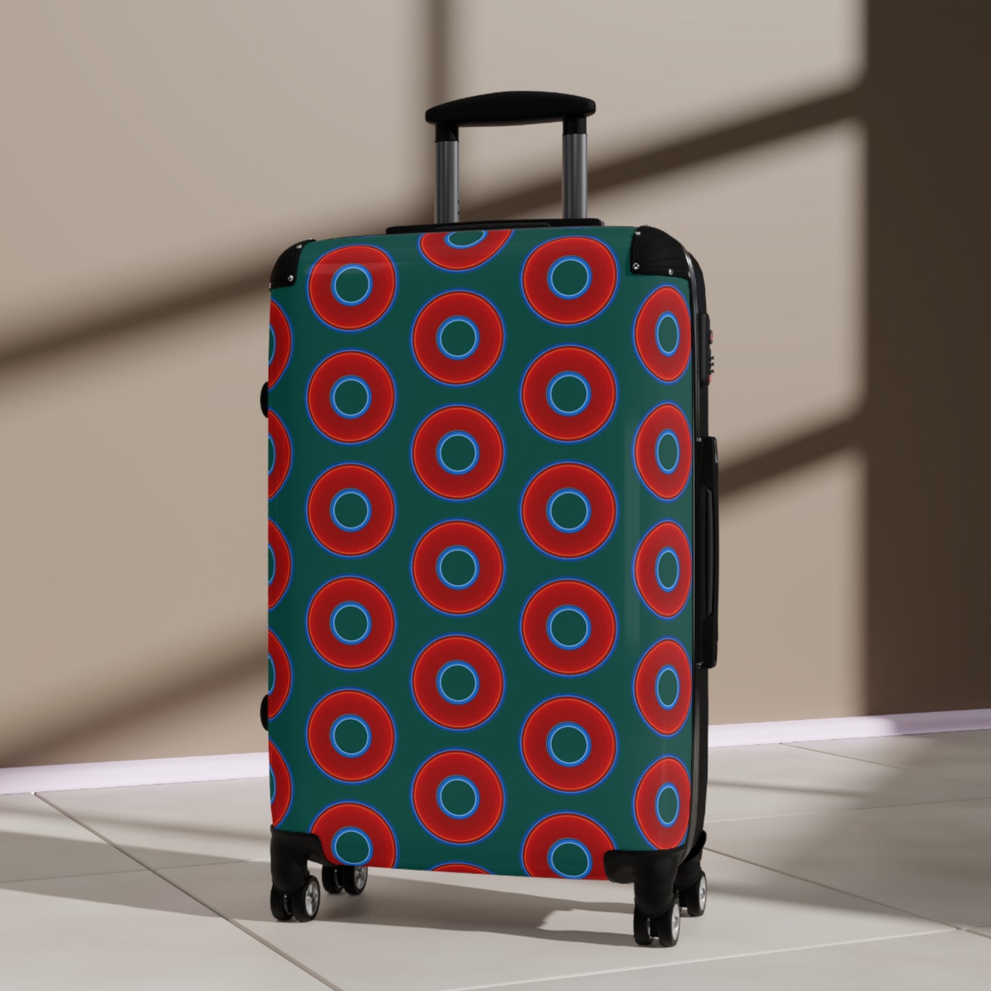 The Very Lumpy Donut Suitcase series - your choice of S, M or L - vivid red donut print w/grayish green background